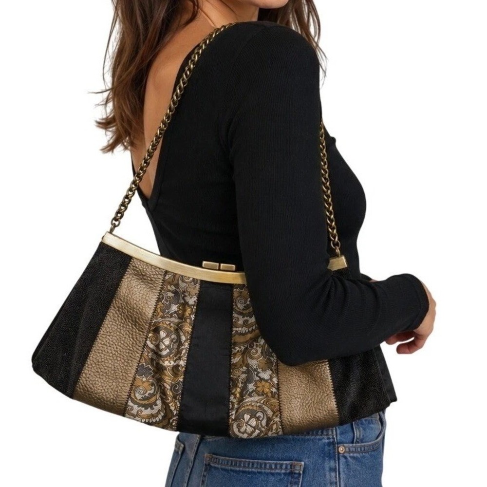 Talbots Womens Y2K Vintage Patchwork Paisley Tapestry Leather Chain Baguette Bag
